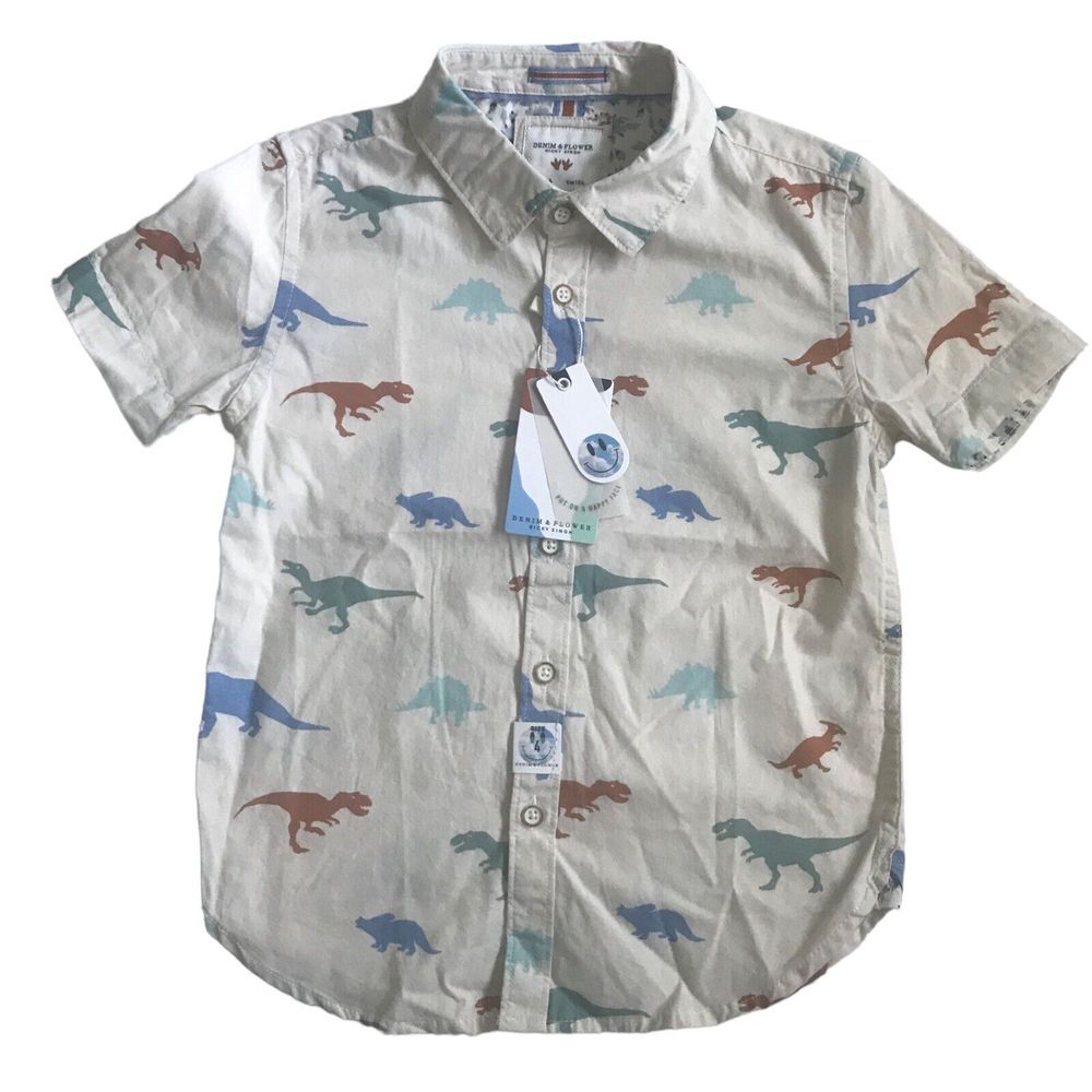 Denim & Flower Ricky Singh Boys Button Down DinoShirt Short Sleeve- Multi/Size 4
